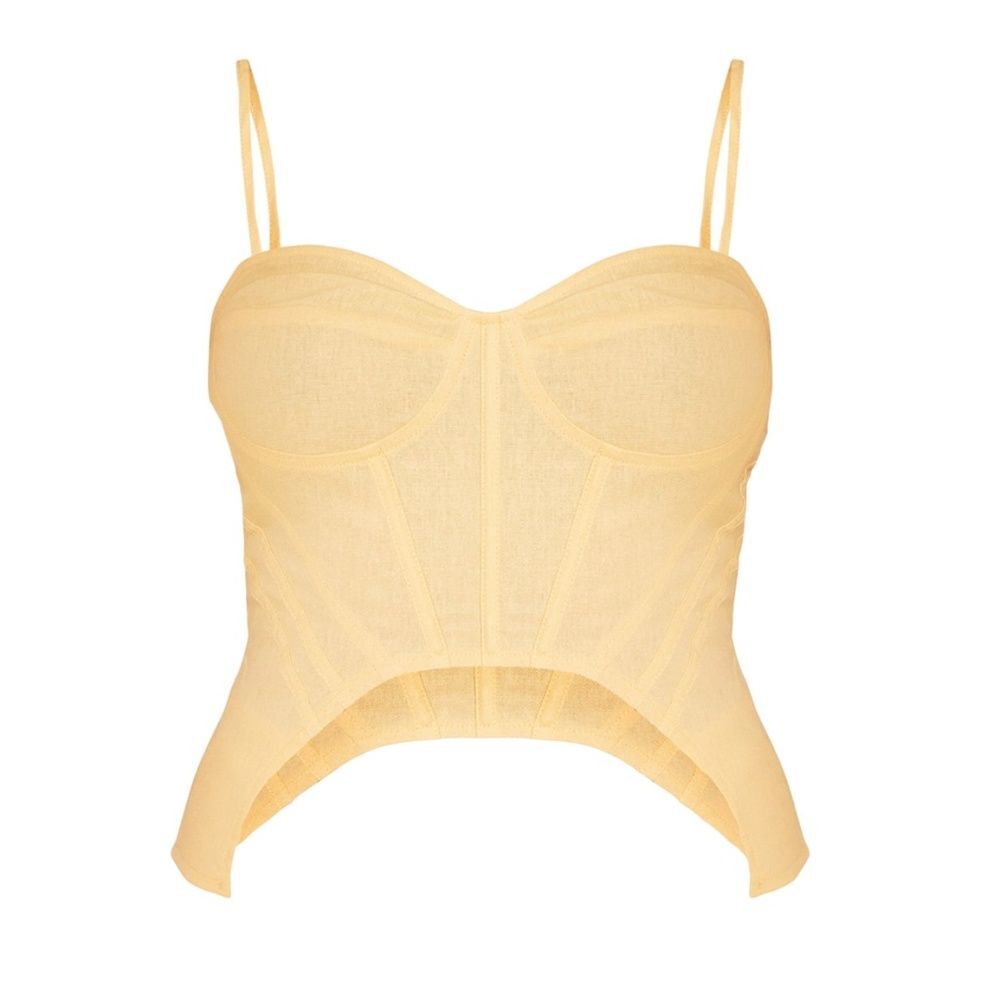 NWT PRETTYLITTLETHING Size 12 Pale Yellow Linen Look Curved Hem Corset Top